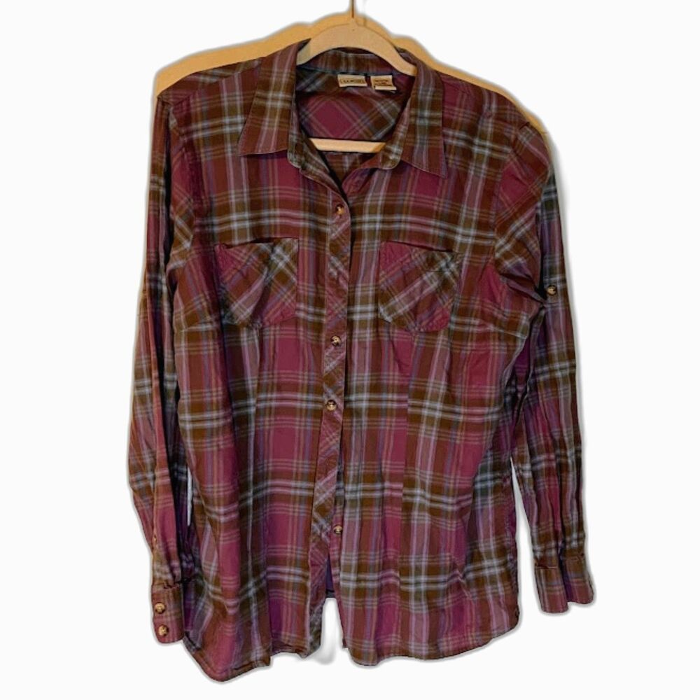 LL Bean Shirt L Purple Green Plaid Cotton Button Up Granola Girl Casual